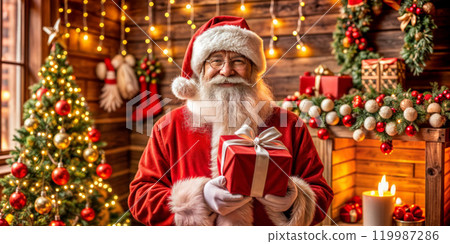 Santa Claus opening his sack and taking gifts under Christmas tree at night at living room at children's home Santa Claus opening his sack and taking gifts under Christmas tree at night at living room at children's home 119987286