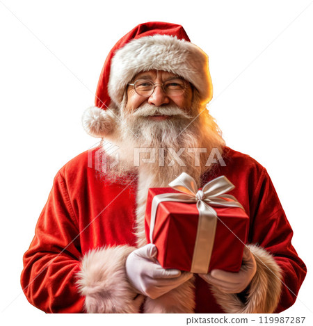 Santa Claus is holding a present and smiling. Santa without background 119987287