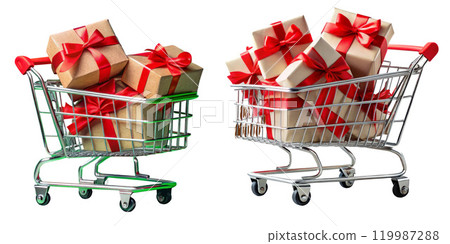A shopping cart full of beautiful gift large box wrapped in paper and red bows. Shopping carts without background 119987288