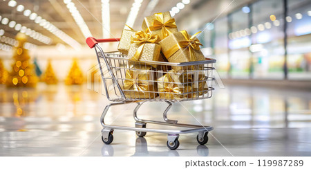 Christmas gift basket in store for Christmas. Podrki and shopping, e-commerce and worldwide delivery concept 119987289