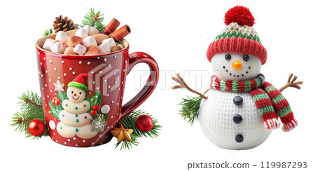 Christmas food white cup with hot chocolate snowman marshmallows. homemade cookie, cinnamon sticks fir xmas tree branches with warm garland lights. New year celebration. Festive dessert breakfast idea 119987293