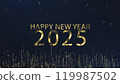 Numbers 2025 on a starry black background written with golden text. Animated text that says Happy New Year 2025. 3D Illustration. 3D Illustration. 119987502