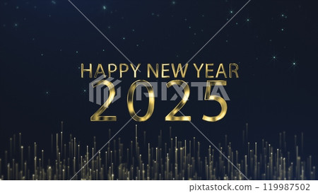 Numbers 2025 on a starry black background written with golden text. Animated text that says Happy New Year 2025. 3D Illustration. 3D Illustration. 119987502