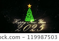 3d Christmas tree and light particles on black background. New Year 2025 background. Motion design, modern animated live image. New Year spirits and mood. 3D Illustration. 119987503