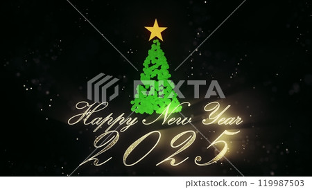 3d Christmas tree and light particles on black background. New Year 2025 background. Motion design, modern animated live image. New Year spirits and mood. 3D Illustration. 119987503