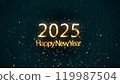 2025 animation Isolated on Black background, Festive illustration of golden metallic numbers. Animated text that says Happy New Year 2025. 3D Illustration. 3D Illustration. 119987504