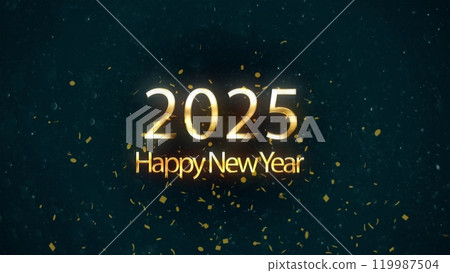 2025 animation Isolated on Black background, Festive illustration of golden metallic numbers. Animated text that says Happy New Year 2025. 3D Illustration. 3D Illustration. 119987504