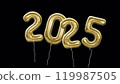 Black screen New Year 2025 gold foil balloons float around 3D rendering. 3D Illustration. 3D Illustration. 119987505