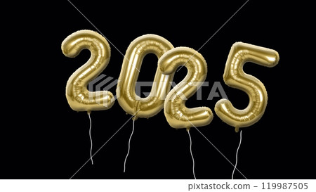 Black screen New Year 2025 gold foil balloons float around 3D rendering. 3D Illustration. 3D Illustration. 119987505