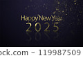 2025 animation Isolated on Black background, Festive illustration of golden metallic numbers. Animated text that says Happy New Year 2025. 3D Illustration. 3D Illustration. 119987509