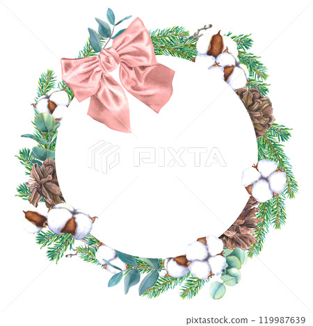 Wreath with pine cones, coniferous branches, eucalyptus, bolls of cotton and pink ribbon bow. Hand drawn watercolor illustration of round frame on an isolated background. Christmas design for cards. Wreath with pine cones, coniferous branches, eucalyptus, bolls of cotton and pink ribbon bow. Hand drawn watercolor illustration of round frame on an isolated background. Christmas design for cards. 119987639