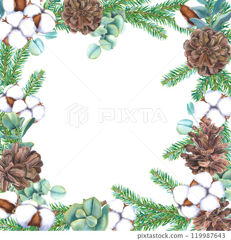 Frame with watercolor Christmas tree branches, pine cones, eucalyptus and bolls of cotton. Hand drawn illustration of template for New Year invitations. Border with spruce twigs on isolated background 119987643