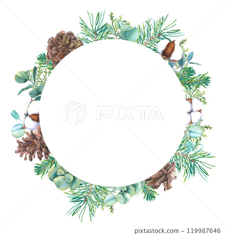 Wreath with pine cones, coniferous branches, thuja, eucalyptus, bolls of cotton. Hand drawn watercolor illustration of round frame on an isolated background. Christmas spruce twigs for cards design. 119987646