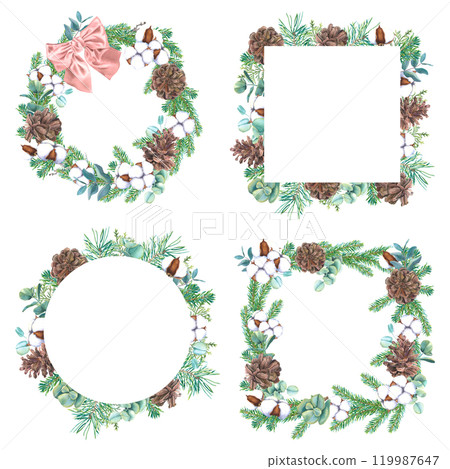Watercolor wreaths and square frames with fir branches, pine cones, cotton, thuja, eucalyptus, pink bow. Hand drawn set of chaplet on an isolated background. Botanical frames drawing for printing desi 119987647