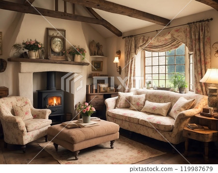 Interior of a classic english country house with fireplace and vintage armchairs. 119987679