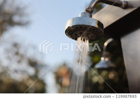 Experience the bliss of an Outdoor Shower Head with Flowing Water in Beautiful Nature 119987693