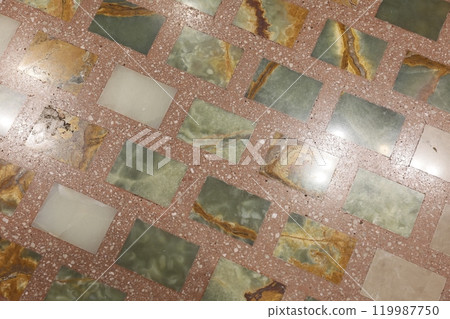 Beautiful and Decorative Floor Tiles featuring Intricate Green and Rich Brown Patterns Beautiful and Decorative Floor Tiles featuring Intricate Green and Rich Brown Patterns 119987750