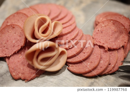 Sliced Deli Meats Beautifully Arranged in an Elegant Manner on a Decorative Platter 119987768