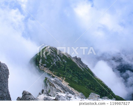 A path shrouded in clouds on the hiking trail to Mt. Kaikoma A path shrouded in clouds on the hiking trail to Mt. Kaikoma 119987827