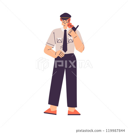 Policewoman Character in Uniform with Tie Stand with Walkie Talkie Vector Illustration 119987844