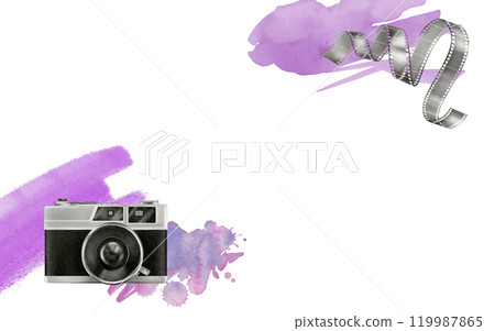 Template for card in 80s,90s style.Vintage film camera with painterly dynamic watercolor spots of lilac, mauve and purple.For flyers, business cards, posters of photo studios or private photographer 119987865