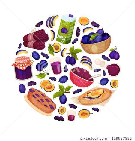 Ripe Plum Food Round Composition Design with Fresh Fruit Vector Template Ripe Plum Food Round Composition Design with Fresh Fruit Vector Template 119987882