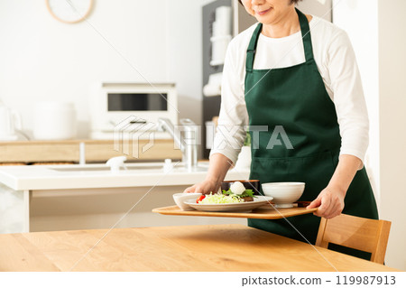The hands of a middle-aged to senior woman serving food 119987913