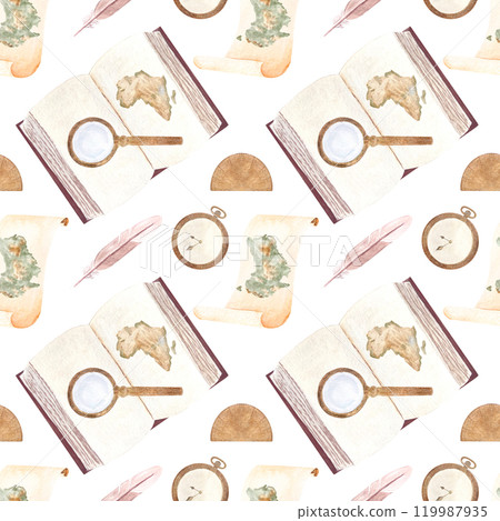Open book with a map, magnifying glass, pocket watch, parchment watercolor seamless pattern isolated on white. Hand painted for bookstore, geography vintage design, wrapping paper 119987935