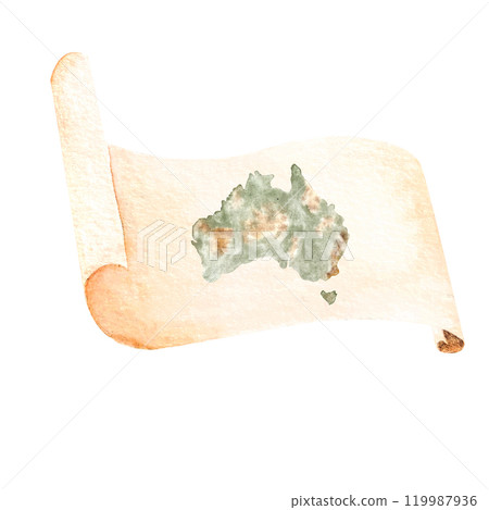A parchment, with Australia map horizontal watercolor composition isolated on white. Hand drawn high quality simple style art for stationary, stickers, cards, notebooks, diary decor and design A parchment, with Australia map horizontal watercolor composition isolated on white. Hand drawn high quality simple style art for stationary, stickers, cards, notebooks, diary decor and design 119987936