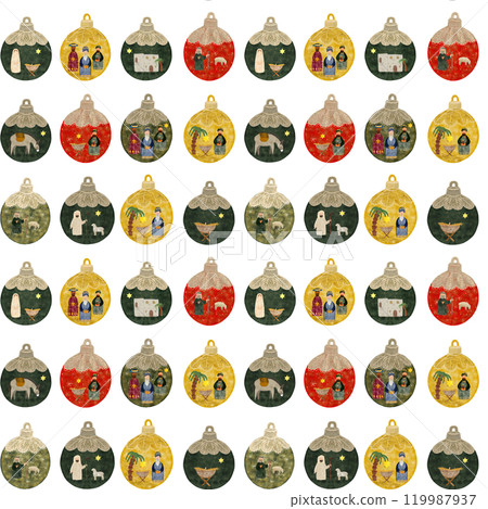 Christmas tree decorative ball with nativity scene seamless pattern isolated on white in watercolor. Illustration for textile, wrapping paper, cards, Christmas, cards, stickers, posters, advent 119987937