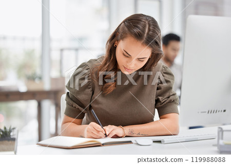 Business, woman and writing in notebook at office for schedule, planning and agenda for goals of creative work. Female person, employee and notes with ideas for reminder of growth for project 119988088