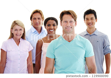 Teamwork, people or portrait of team with smile for community, diversity or population on white background. Collaboration, happy or partnership in creative career with staff, employees or workers 119988090