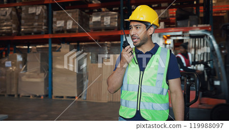 Radio, shipping and stock with man in warehouse for communication, delivery or inspection. Distribution, logistics and supply chain with employee in commercial plant for backlog delivery or service Radio, shipping and stock with man in warehouse for communication, delivery or inspection. Distribution, logistics and supply chain with employee in commercial plant for backlog delivery or service 119988097