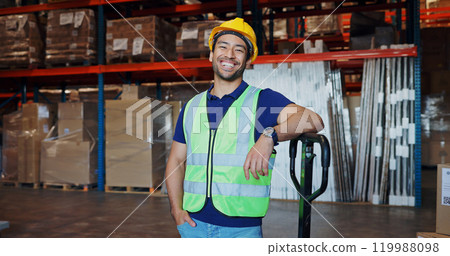 Logistics, man and portrait in warehouse with happy, stock and factory for safety in supply chain or freight. Male person, industrial and quality control in manufacturing, shipping in trade or export 119988098
