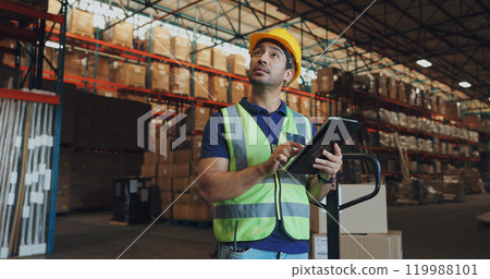 Warehouse, man and tablet in factory for logistics, orders and check inventory or stock. Male worker, digital technology and storage in shipping company for export, distribution and supply chain 119988101