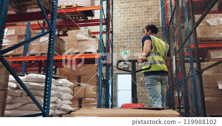 Pallet truck, man and box in warehouse with transport, safety and storage for distribution or delivery. Freight operator, logistics and stock in cardboard for shipping, cargo and inventory management 119988102