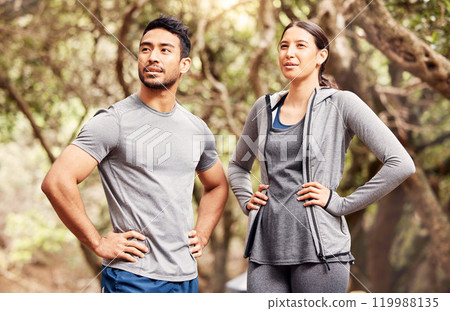 Outdoor, couple and forest for fitness, nature and thinking for workout, sportswear and training. Woods, athlete and people with idea for exercise in park, woman and man, healthy and wellness 119988135