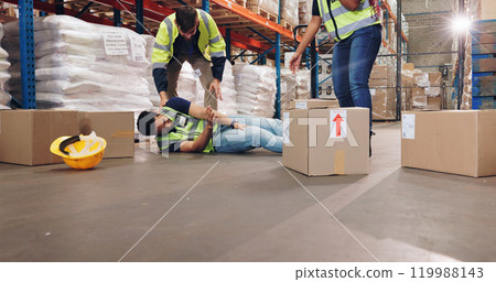 Fail, fall and boxes with man in warehouse for delivery, distribution or supply chain logistics. Accident, injury or mistake and person on floor of plant with stock for ecommerce, retail or safety Fail, fall and boxes with man in warehouse for delivery, distribution or supply chain logistics. Accident, injury or mistake and person on floor of plant with stock for ecommerce, retail or safety 119988143