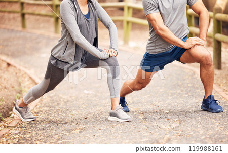 Couple, stretching legs and start for exercise in outdoor, fitness and preparation for running. People, athletes and warm up for workout in park or nature, flexible and muscle relief for training 119988161
