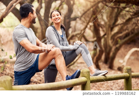 Stretching, woman and man on fence, couple and outdoor for fitness, action and performance in countryside. Forest, athlete and people with smile, together and training for workout, healthy and park 119988162