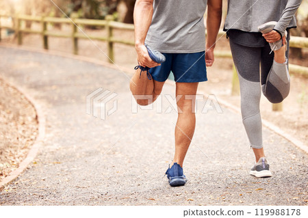 Couple, legs and stretching on road for fitness, exercise and wellness with walk at the park in morning together. Man, woman and warm up with foot for start of training, workout and health outdoor 119988178