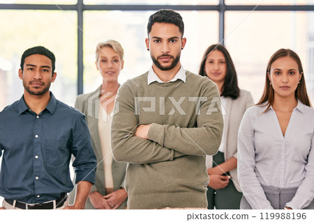 Business people, diversity and group in office with portrait, professional and serious for reputation improvement. Men, women and together in corporate, sale representative, team and job confidence. 119988196