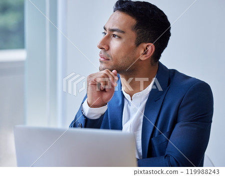 Thinking, laptop and businessman in office for planning or brainstorming with research for legal project. Technology, idea and professional attorney with decision or choice for law case with computer 119988243