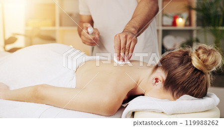 Acupuncture, back and cosmetics in spa with customer treatment for healing, stress relief or therapy. Body, dry needling and relax with masseuse in resort for holistic massage or natural skincare 119988262