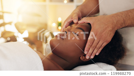 Hands, relax and black woman with spa massage, salon beauty and vacation with weekend break, physical therapy or calm. Peace, closeup and girl with getaway trip, stress relief or holiday with healing Hands, relax and black woman with spa massage, salon beauty and vacation with weekend break, physical therapy or calm. Peace, closeup and girl with getaway trip, stress relief or holiday with healing 119988270