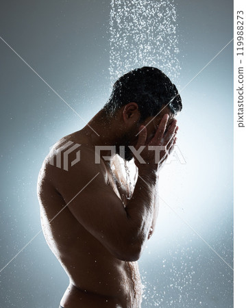 Man, shower and washing in studio for skincare, cosmetics and cleaning on gray background. Male person, profile and water drops for pamper treatment or dermatology, grooming and hydration beauty Man, shower and washing in studio for skincare, cosmetics and cleaning on gray background. Male person, profile and water drops for pamper treatment or dermatology, grooming and hydration beauty 119988273