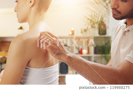 Acupuncture, back and relax in spa with customer treatment for healing, stress relief or therapy. Arm, hand and shoulder with masseuse in lodge or resort for cosmetics, holistic massage and skincare 119988275