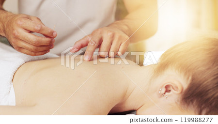 Acupuncture, back and hands in spa with customer treatment for healing, stress relief or therapy. Body, dry needling and holistic with masseuse in resort for cosmetics, massage and natural skincare Acupuncture, back and hands in spa with customer treatment for healing, stress relief or therapy. Body, dry needling and holistic with masseuse in resort for cosmetics, massage and natural skincare 119988277