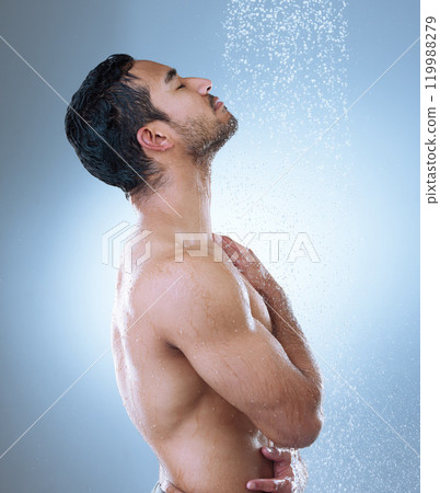 Shower, washing and man in studio with water splash for hygiene, grooming or body care on white background. Profile, cleaning and Asian model for natural treatment, wellness or morning routine Shower, washing and man in studio with water splash for hygiene, grooming or body care on white background. Profile, cleaning and Asian model for natural treatment, wellness or morning routine 119988279