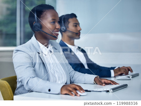 Call center, black woman and office with computer, headset and team for communication in company. Consultant, operator and telemarketing with customer service for tech support, smile and web crm. Call center, black woman and office with computer, headset and team for communication in company. Consultant, operator and telemarketing with customer service for tech support, smile and web crm. 119988316